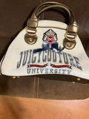 Juicy Couture Cream Mini Satchel with Metallic Gold Accents and Navy Detail